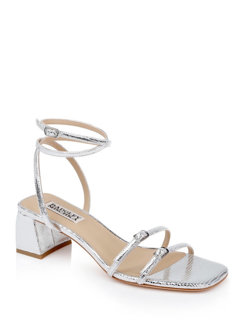 Badgley Mischka Dania Embossed Ankle Strap Low Block Sandals In Silver Size 8.5